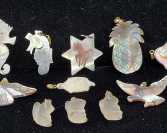Tropical Themed Hand-Carved Mother Of Pearl Pendants 