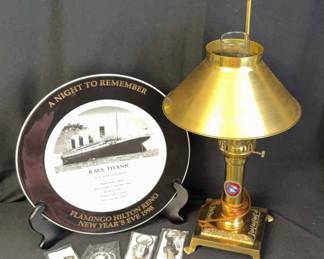Titanic Replica Lamp, 1998 Commemorative Plate & NEW Keychains 
