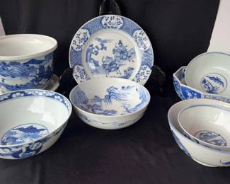 Gorgeous Lot Of Blue & White China Bowls, Plate & Planter 