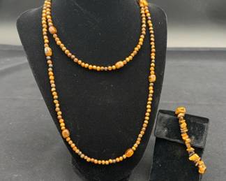 35” Tigers Eye Beaded Necklace & Bracelet * Sterling Silver Clasp 