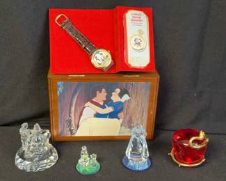 Disney Snow White & Prince * Music Box W/ Limited Edition NEW Fossil! Watch; Glass Figurines