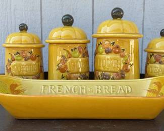  Vintage California Pottery set of flour, sugar Etc Lidded Canisters W/ French bread plate!