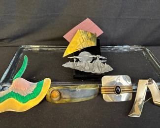 Howling Moon Signed JJ Pin , Polished Semi Precious * Stones , Metal Pins 