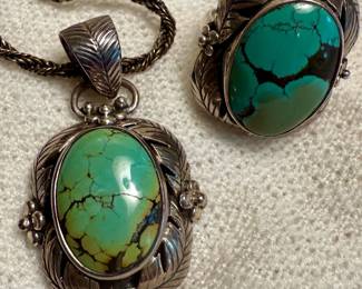 Vintage .925 turquoise pendant and ring set