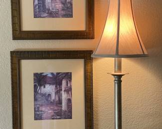 Table lamp, H 38", powers on. Two (2) framed wall art prints,