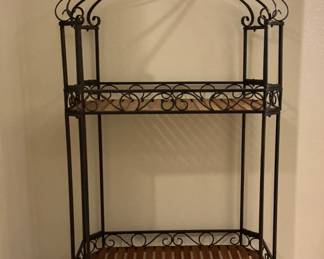 Wrought Iron 2-Tier Etagere with slatted wood shelves and scrollwork designs