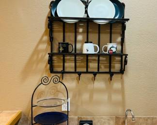 Kitchen/Bar Accents include: metal wall rack with assorted plates/cups,