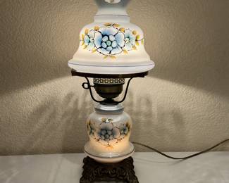 Vintage 1972 L&L WMC wired hurricane lamp with blue and yellow floral designs,
