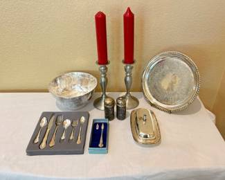WM.A Rogers/Oneida Child's Cutlery set, silver tone butter dish, bowls, candlesticks,