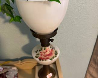 Rose painted marble based electric lamp