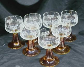 	Amber Beehive Stemmed Wine Glasses France 70's