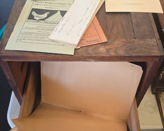 antique oak stacking file cabinet with some old paperwork etc 