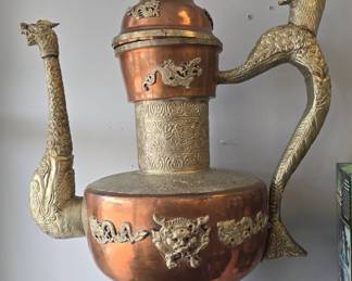 very large copper and brass tea pot 2.5 feet tall 
