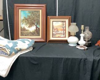 Assortment of Quilts, Lamps, Framed Oil Paintings, etc.