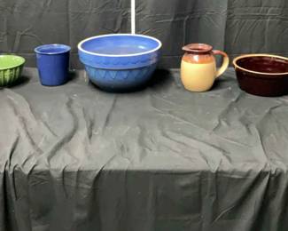 Variety of Stoneware Bowls, Pots a Copper Kettle