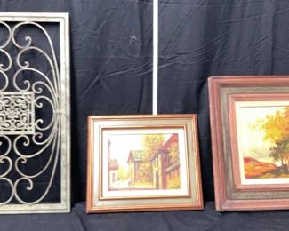 2 Framed Oil Paintings a Wrought Iron Wall Decor Panel