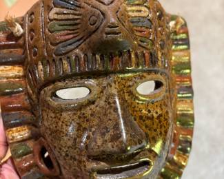 Rustic Mexican Clay Wall Mask with Feather Headdress Design