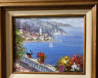 Framed Mediterranean Style Coastal Town Oil Paintings Signed Antonio