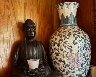 Bronze Tone Shakyamuni Buddha Figurine, Floral Chinoiserie Vase