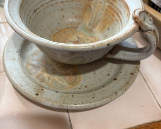 Pottery Soup Mug & Saucer - Signed Jonie