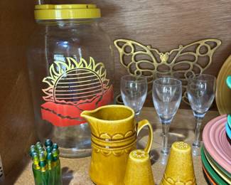 Sun Tea Glass Pitcher, Homer Laughlin Golden Harvest Salt & Pepper Shakers, Creamer Pitcher