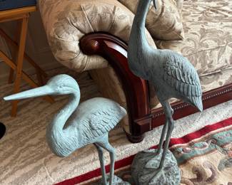 Pair of Green Patina Style Heron Garden Sculptures