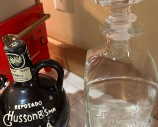 Empty Hussong's MR Reposado Tequila Bottle, Harley Davidson Glass Whiskey Decanter