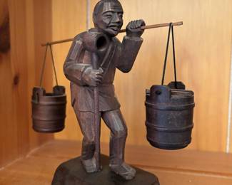Asian Wood Carved Man Holding Water Buckets Figurine