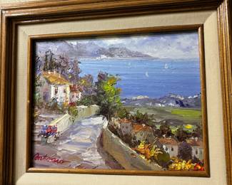 Framed Mediterranean Style Coastal Town Oil Paintings Signed Antonio