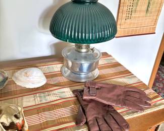 Oil Lamp with Aladdin Green Ribbed Glass Lamp Shade