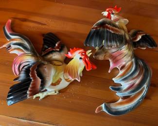 Pair of Norcrest Fighting Roosters Wall Hanging Figurines
