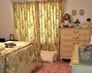 French provincial bedroom suits. Includes headboard footboard, rails, mattresses, dresser, chest of drawers and nightstand