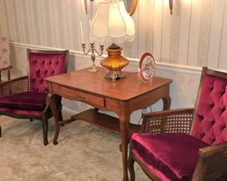 Cranberry red velvet upholstered accent chairs