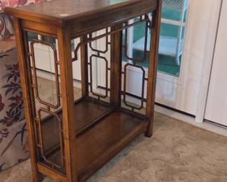 vintage antique geometric fretwork wood table mirrored back accent table