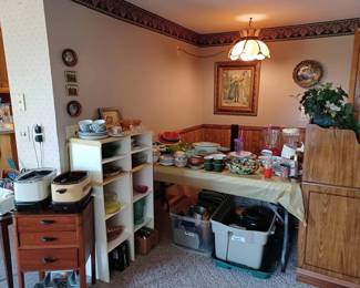 Furniture, shelves, glassware, dishes, crockpots, misc