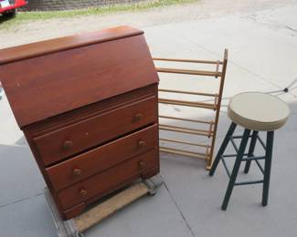 Lot 394. Wooden secretary, stool, and a shoe or CD rack