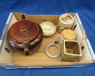 Lot 279. An old Ball jar with cancelled stamps, pottery, and more