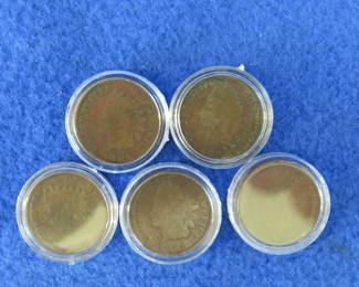 Lot 191. Five Indian head pennies. See photos for dates listed by the seller