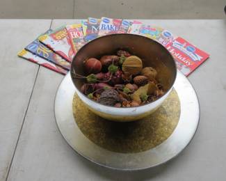 Lot 275. Glass bowl with potpourri and matching tray, and cookbooks