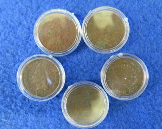 Lot 196. Five Indian head pennies. See photos for dates listed by the seller