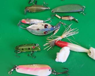 Lot 182. Bag O'Baits:. Vintage Heddon Flaptail. Hofschneider Red Eye Wiggler. Two CCBC Pikies. And more
