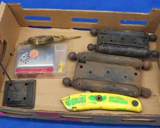 Lot 62. Vintage clock pendulum, old hinges, and more