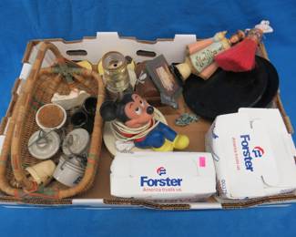Lot 32. Mickey Mouse table lamp, black glass plates, vintage whisk, and more