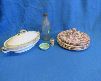 Lot 216. Weller trinket dish, dishes, and an old bottle