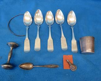 Lot 200. Sterling and silverplate items: spoons, choker, cup, baby rattle and spoon, pendant.