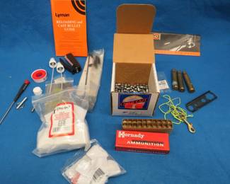 Lot 140. 480 Ruger brass, 44 cal. bullets, gun cleaning patches, 50 cal. cases, and more