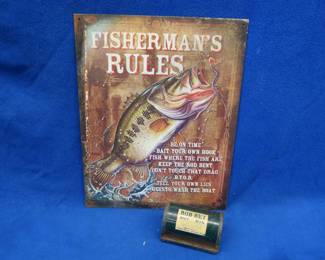 Lot 92. Metal fishing sign and a Bob-Bet Bait Box