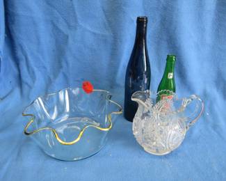 Lot 265. Salad bowl, pitcher,7-up bottles, and a blue wine bottle