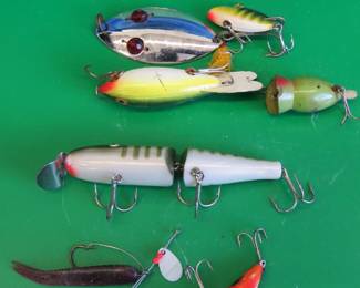 Lot 181. Bag O' Baits:. CCBC 4 1/2" Pikie. Two Bombers. Red Eye Wiggler. And more