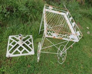 Lot 419. Wire tea or garden cart and a heavy umbrella stand